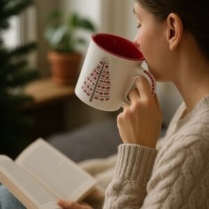 Starbucks 2008 Holiday Mug 14oz Embossed Reindeer Christmas Tree Coffee Cup Red